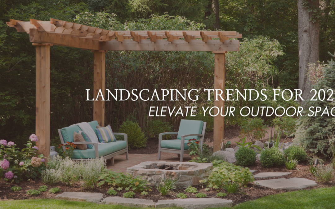 5 landscaping trends for 2025 showcasing modern outdoor spaces with sustainable designs, vibrant plants, outdoor living features, and eco-friendly elements.